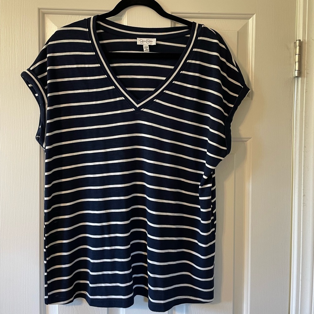 Jessica Simpson blue and white stripe shirt